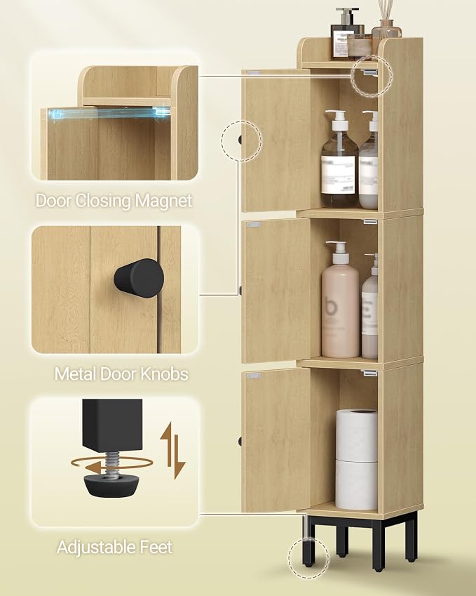 Hzuaneri Slim Bathroom Storage Cabinet, Narrow Bathroom Organizers,3 Doors | Narrow Storage Cabinet with 4 Adjustable Feet, Laundry Room Organization for Small Space, Kitchen,Living Room,Rattan Yellow
