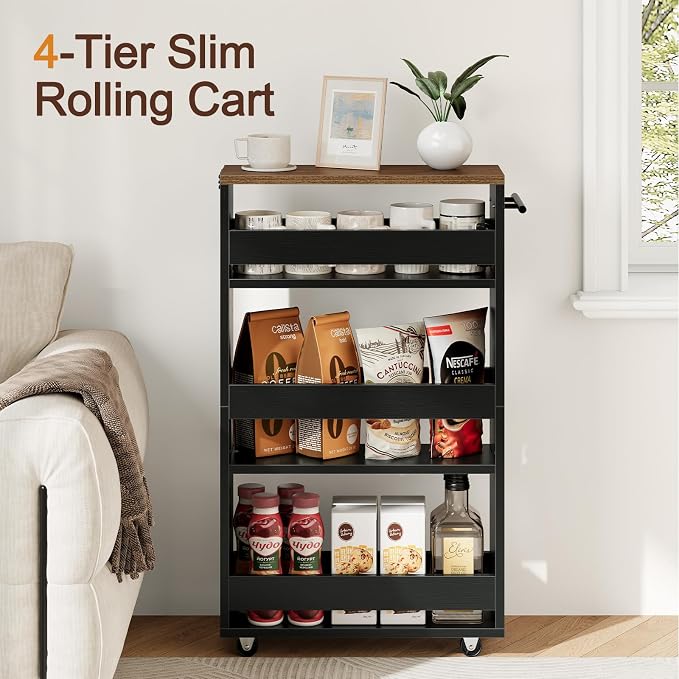 Yoobure Rolling Slim Storage Cart - Narrow Cart on Wheels, Slide Out Utility Carts, Organizer Trolley with Handle & Flip Top for Kitchen, Laundry