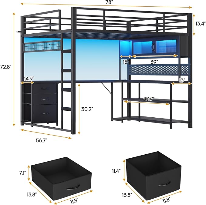 ADORNEVE Gaming Loft Bed Full Size with Desk, Arcylic RGB Hutch, Black