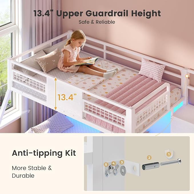 BTHFST Bunk Bed Twin Over Full with Stairs, Storage Drawers and LED Lights