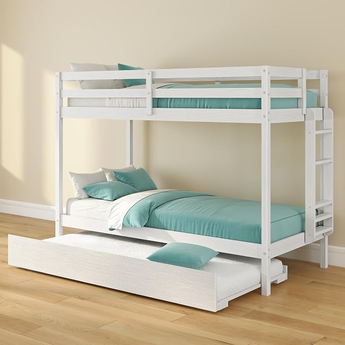 Grain & Grove Bear Twin Over Twin Bunk Bed with Trundle Bed, Sturdy Bunk Bed Frame for Kids, Plywood Bunk with Ladder, Guardrail, and Slats, No Box Spring Required, Brushed White