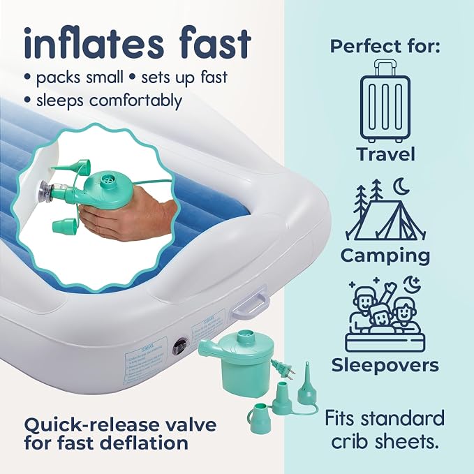 Hiccapop Inflatable Toddler Bed with Safety Bumpers, Kids Travel Bed, Blue