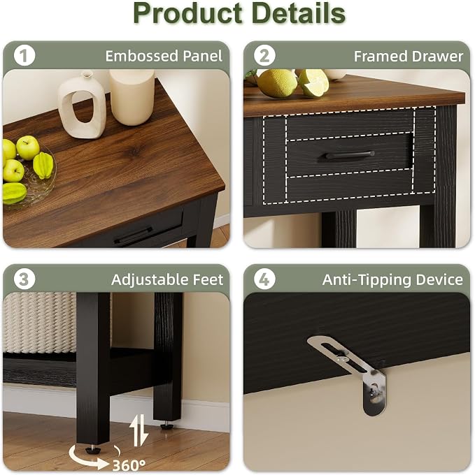 YOSHOOT 45" Farmhouse Entryway Console Table, Desk Behind the Couch with 3 Drawers and 2-Tier Shelves, Narrow Sofa Table for Hallway, Bedroom, Living Room, Black Brown