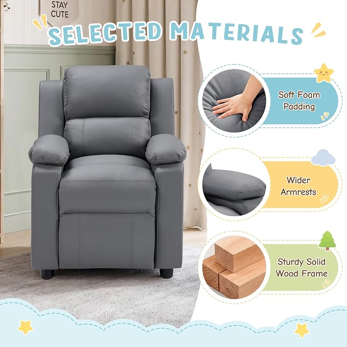 CANMOV Kids Push Back Recliner Chair, Gray Faux Leather Toddler Sofa.