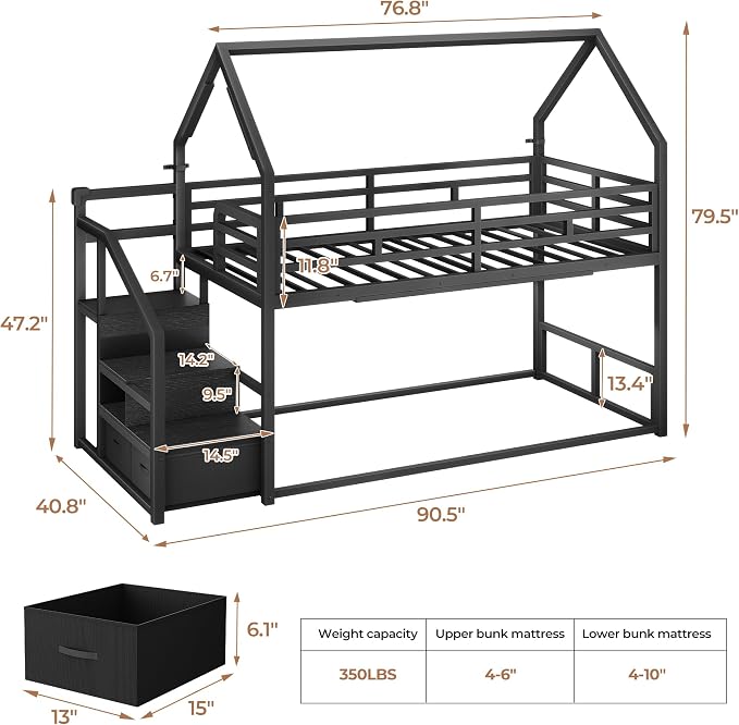 Jocoevol Metal Bunk Bed Twin Over Twin with Storage Staircase, Clothes Rack, LED Twin Bunk Beds for Kids with 2 Storage Drawers, Full-Length Guardrail, No Box Spring Needed, Easy Assembly, Black