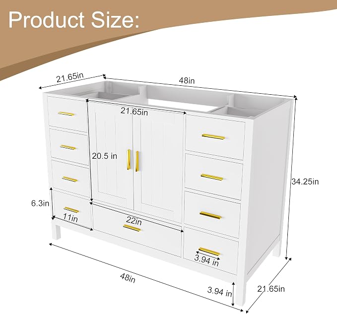 Montary 48" Modern Bathroom Vanity Base Cabinet, Solid Wood Construction | Soft-Close Double Doors & 9 Full-Extension Drawers(Basin & Top Not Included),White