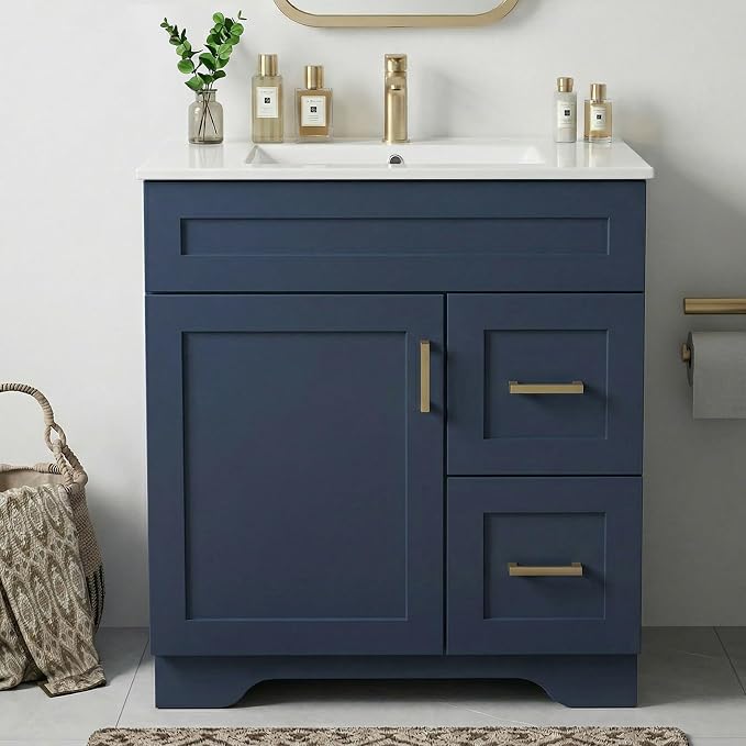 30 Inch Bathroom Vanity with Sink, Modern Shaker Bathroom Sink Cabinet with Soft-Close Door & 2 Drawers, Wood Freestanding Bathroom Storage Cabinet with Ceramic Basin, Navy Blue