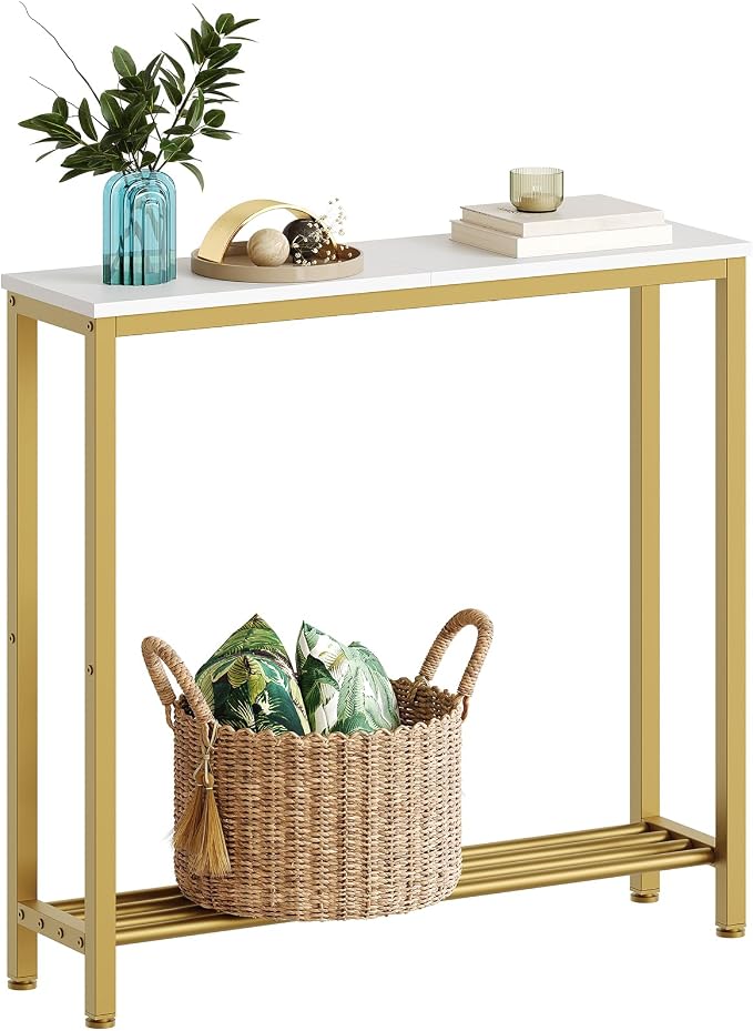 YATINEY Narrow Console Table, 2-Tier Small Sofa Table, 29.5" Thin Entryway Behind Couch Table with Shelves, Industrial Hallway Table, for Living Room, Foyer, White and Gold CT03DW