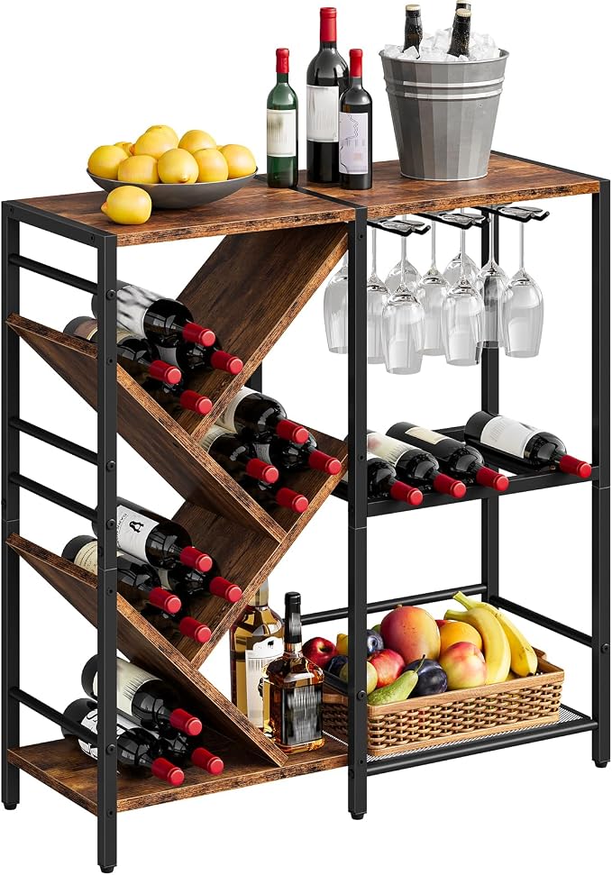 HOOBRO Liquor Bar Cabinet, Modern Liquor Cabinet with Wine Rack & Glass Holder, Liquor Bar Cabinet with Power Outlet, Mini Bar Table for Home Bar, Rustic Brown and Black BF36JJ01
