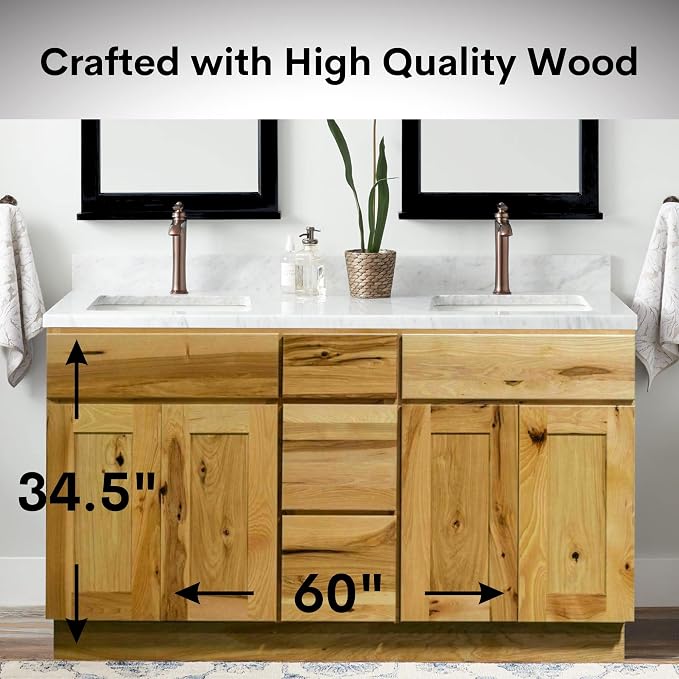Riley & Higgs Hickory Double Sink Vanity, 60"Wx34.5"Hx21"D | Country rustic style with 4 doors and 3 drawers for ample storage in a 60-inch double-sink base