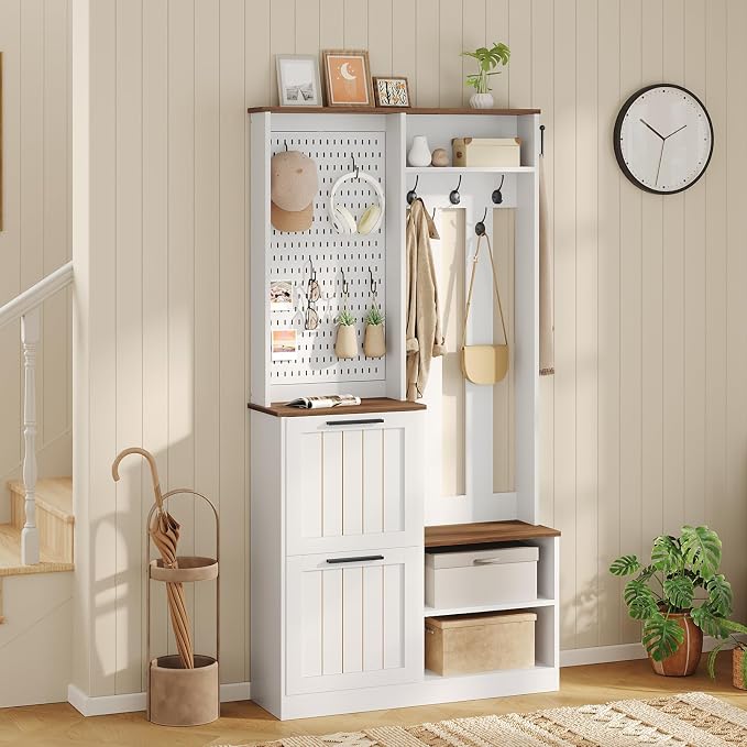 Hall Tree with 2 Flip-Down Shoe Cabinet for Entryway