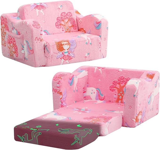 MeMoreCool Kids Chair, Glow Dark Pink Fairy Fold Out Sofa Seat for Girls