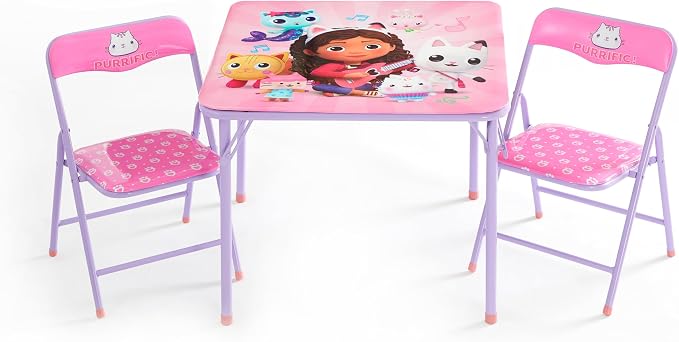 Gabby's Dollhouse 3 Piece Children's Activity Square Table and 2 Folding Chairs Set, Ages 3+