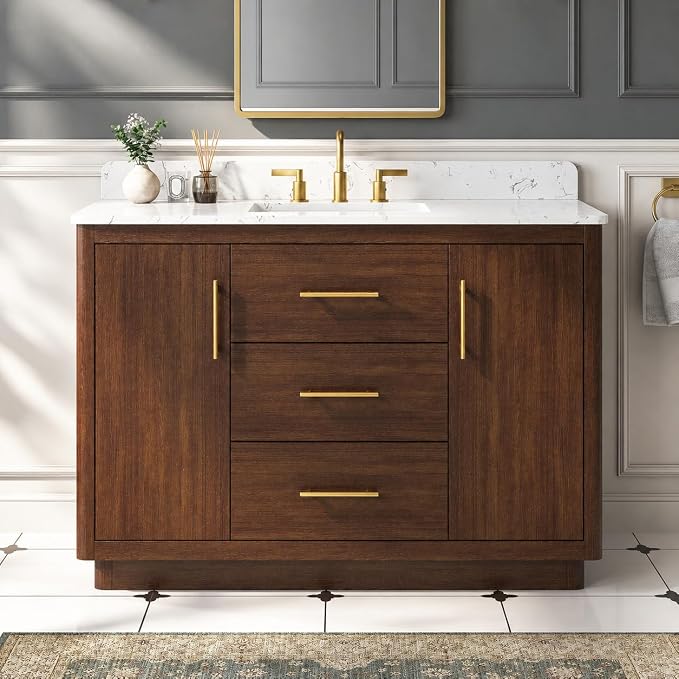 48 Inch Bathroom Vanity with Sink, Fully-Assembled, Warm Elm | Solid Wood Frame, Carrara Engineered Stone Top and Backsplash, Ceramic Sink, Soft-Close Doors and 3 Full-Extension Drawers