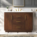 48 Inch Bathroom Vanity with Sink, Fully-Assembled, Warm Elm | Solid Wood Frame, Carrara Engineered Stone Top and Backsplash, Ceramic Sink, Soft-Close Doors and 3 Full-Extension Drawers