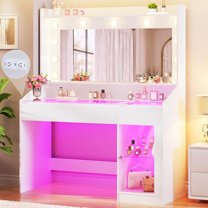 HUAHUU Vanity Desk with Mirror & RGB Lights, White Makeup Vanity Table with 2 Transparent Top Large Drawers & RGB Cabinet, Vanity Desk with LED Lighted Mirror 3 Colors, Power Outlets, Flip-up Drawer