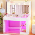 HUAHUU Vanity Desk with Mirror & RGB Lights, White Makeup Vanity Table with 2 Transparent Top Large Drawers & RGB Cabinet, Vanity Desk with LED Lighted Mirror 3 Colors, Power Outlets, Flip-up Drawer