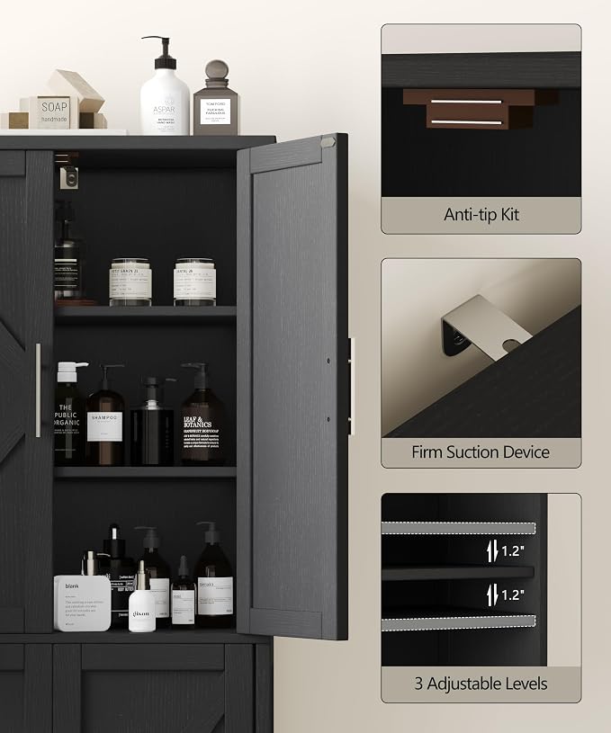 Akxomel 63''H Tall Farmhouse Bathroom Storage Cabinet with 4 Doors Black | Floor Storage Cabinet with Barn Doors, Adjustable Shelf, Pantry Cabinet for Kitchen, Laundry Room, Living Room, Entryway