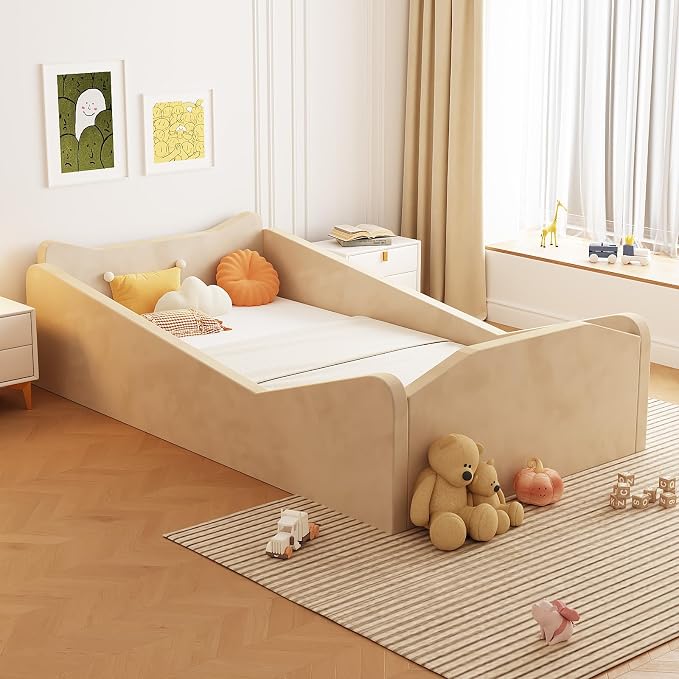 JOYMOR Toddler Bed, Floor Bed with Safety Guadrail, Montessori Toddler Bed with Animal Ear Shapes, Soft Velvet Wood Bed for Infant, Kids, Mattress not Included (Beige)
