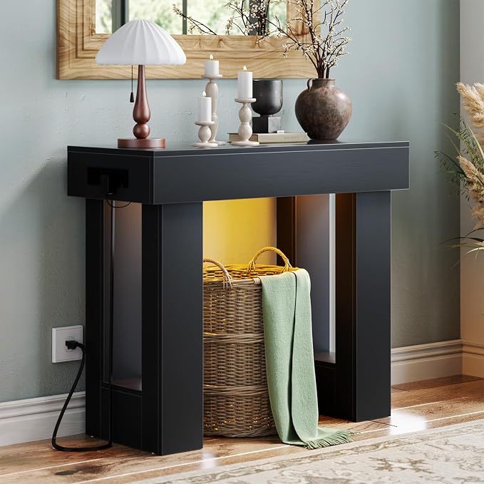 Unikito 39" Entry Table with Sensor Light and Power Outlets, Black