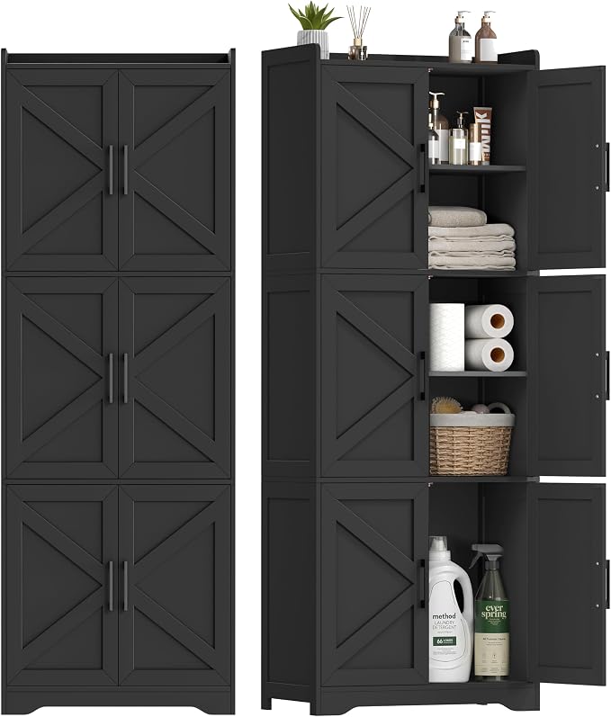 Akxomel Tall Bathroom Floor Cabinet with 6 Barn Door 60.2''H Pantry Black | 11.6''D x 22.6''W Linen Storage Cabinet with Adjustable Shelves, for Kitchen, Living Room, Entryway