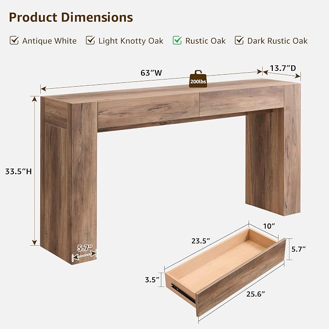 OKD 63" Console Table with Drawers, Thick Block Entryway Table, Rustic Oak