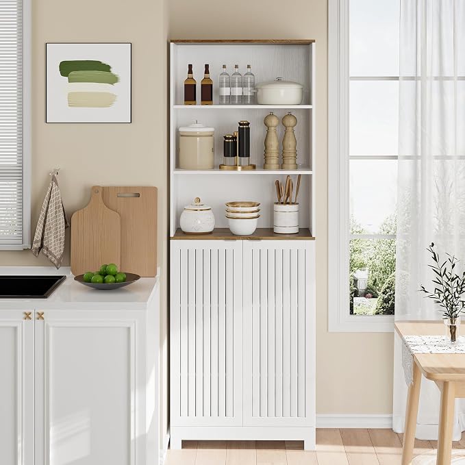 Bathroom Storage Cabinet - 67" Freestanding Tall Cabinet with Slatted Doors and Open Shelves, Adjustable Shelves, White Bathroom Organizer for Small Spaces, Bathroom Linen Tower with Closed Storage