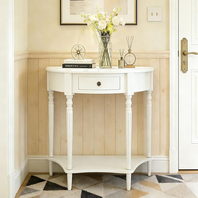 Half Moon Console Table Solid Wood Vintage Entryway Table with Storage Drawer Small Hallway Table for Entryway Half Round Foyer Tables Walnut Entry Way Tables For Entrance(White, W-31.5")