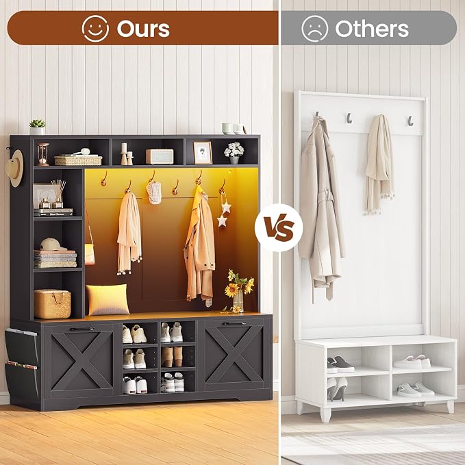 Itaar Hall Tree with Bench and Shoe Storage, 59.1" Farmhouse Entryway Bench with Coat Rack, Shoe Cabinet with Flip Drawers, 12 Shelves, 9 Coat Hooks, Storage Bag, Led Lights, Black