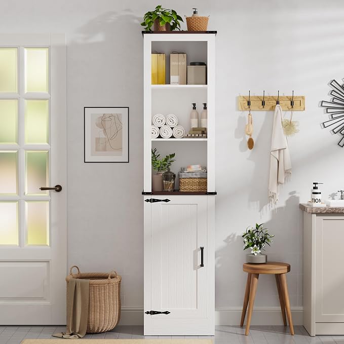MHOM 71" Tall Bathroom Storage Cabinet, Farmhouse Storage Cabinet with Adjustable Shelves, Narrow Linen Tower Cabinet for Bathroom, Laundry, and, Living Room, White