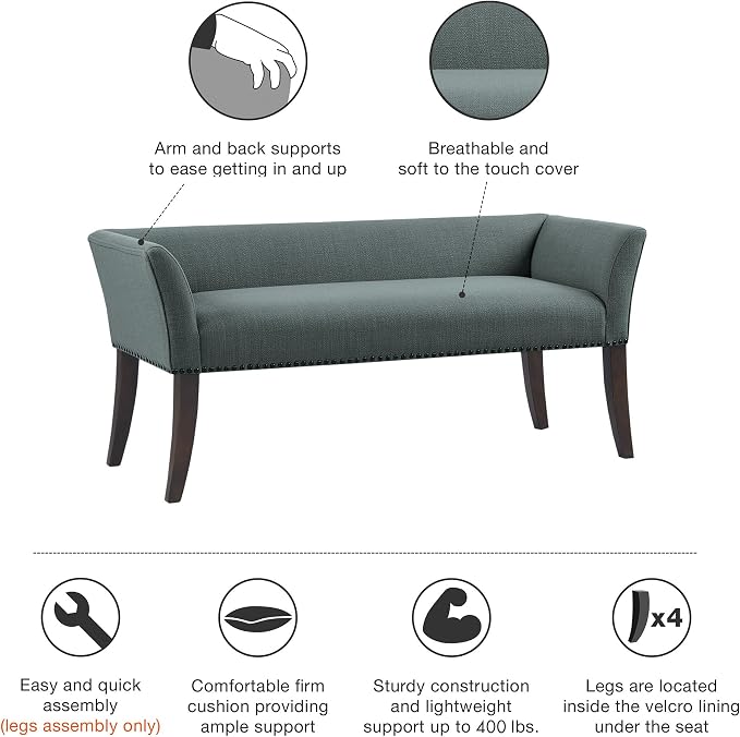 Madison Park Accent Bench, Upholstered with Nailhead Trim, & Padded Seat Entryway Bench Small, End of Bed Bench with Back, 49.5" W x 19.25" D x 23" H, Slate Blue