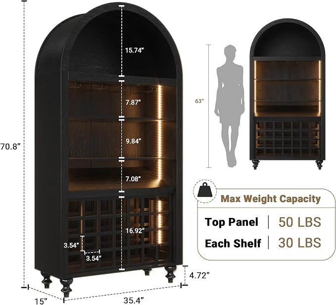 Arched Wine Bar Cabinet with LED Lights, 71" Tall Liquor Cabinets with 4 Glasses Holders & Wine Rack, Alcohol Display Storage Cabinet for Living Room, Kitchen Pantry, Dining Room (Black)