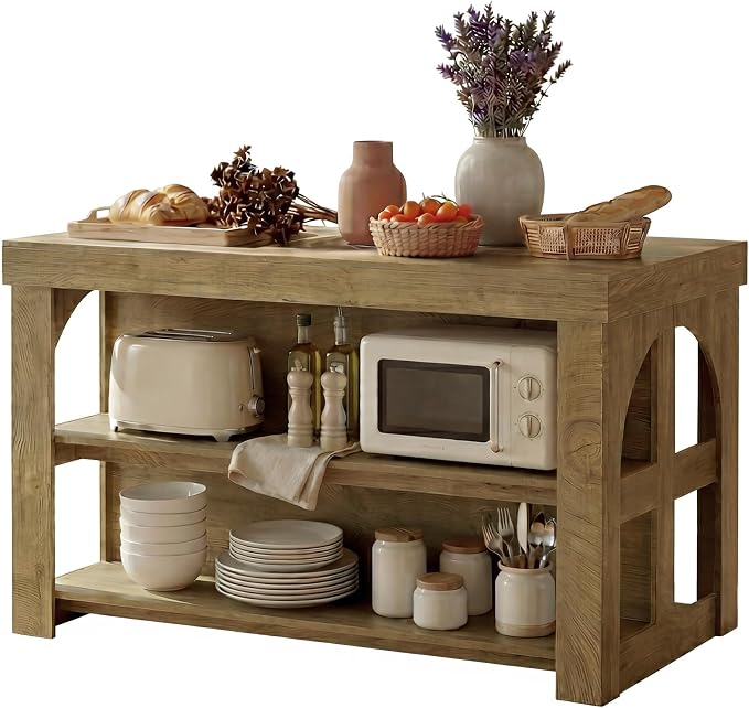 LITTLE TREE Kitchen Island with Storage, 55-Inch Large Stationary Center Island with Seating Space & 3 Shelves, Farmhouse Wooden Bar Table for Kitchen, Rustic Brown