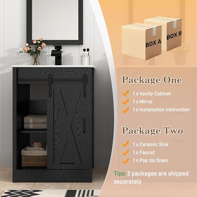24" Farmhouse Bathroom Vanity with Sink & Faucet & Mirror, Wood Grain Black | Sliding Barn Door, 3 Handleless Drawers, Single Vanity Combo for Small Space