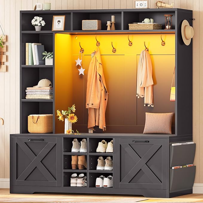 Itaar Hall Tree with Bench and Shoe Storage, 59.1" Farmhouse Entryway Bench with Coat Rack, Shoe Cabinet with Flip Drawers, 12 Shelves, 9 Coat Hooks, Storage Bag, Led Lights, Black