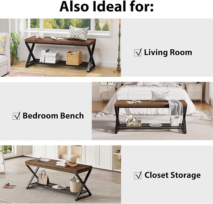 LVB Rustic Brown Entryway Bench, 39" Industrial Shoe Bench with Storage