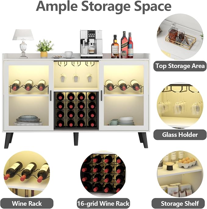 Wine Bar Cabinet with LED Light, Home Coffee Cabinet w/ Wine & Glass Holder