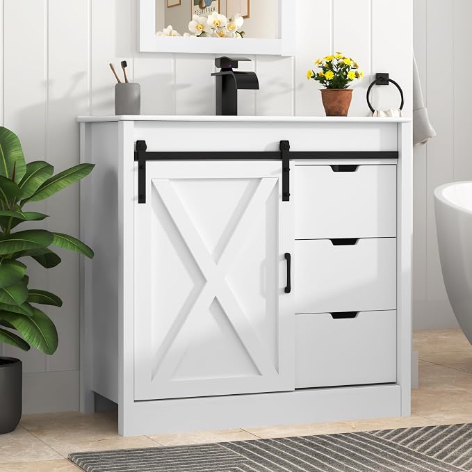 chartustriable 36 Inch Bathroom Vanity with Sink & Faucet & Mirror, Farmhouse Bathroom Vanity Cabinet Set with Sliding Barn Door & Drawers, Small Single Bath Storage Vanity Sink, White