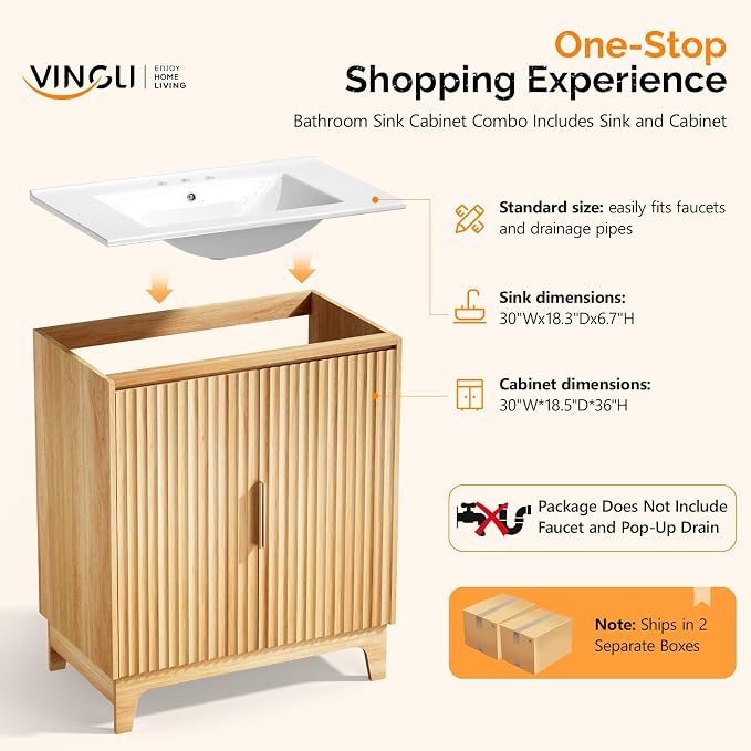 VINGLI 30 Inch Bathroom Vanity with Sink, Mid Century Modern Freestanding Cabinet with Ceramic Top, Fluted Soft-Close Doors & U-Shape Storage for Small Bathroom, Natural Oak