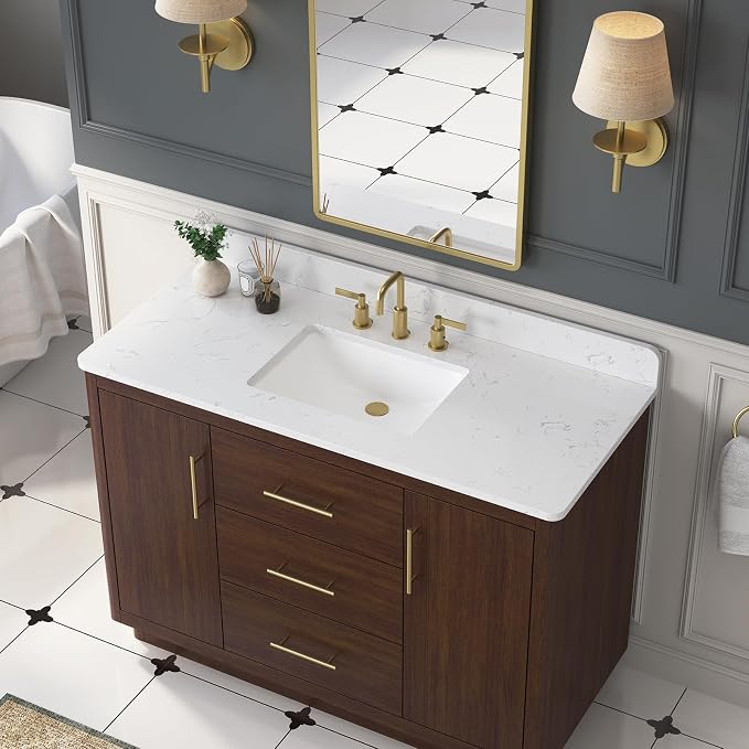 48 Inch Bathroom Vanity with Sink, Fully-Assembled, Warm Elm | Solid Wood Frame, Carrara Engineered Stone Top and Backsplash, Ceramic Sink, Soft-Close Doors and 3 Full-Extension Drawers