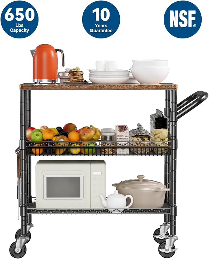 WDT 3 Tier Rolling Carts with Wheels, Heavy Duty Rolling Utility Cart with Wood Tabletop, Commercial Grade Metal Cart with Handle and Hooks, NSF Storage Serving Carts for Kitchen Island, Wood+Metal