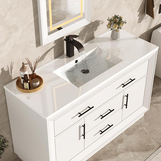 St.Mandyu 48" Bathroom Vanity w/Sink & LED Mirror & Faucet,Modern Bathroom Vanities Set w/ 3-Color Lighting, Curved Splash-Reducing Basin, Bath Vanity w/Large Storage Cabinet&Drawers,White