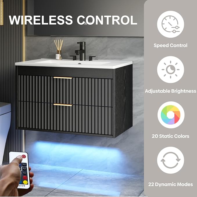 30 Inch Floating Bathroom Vanity with Sink & Towel Holder, Fluted Wall Mounted Vanity Cabinet, Modern Bathroom Combo with LED Light, Metal Handle & Double Soft-Closing Drawers, Black