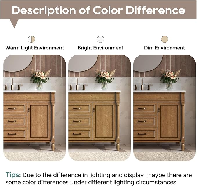 48 Inch Bathroom Vanity with Sink Combo, Light Walnut | Classic Cabinet with Countertop & Backsplash, Solid Wood Frame with Soft Closing Doors & 3 Dovetail Drawers, Ceramic Sink