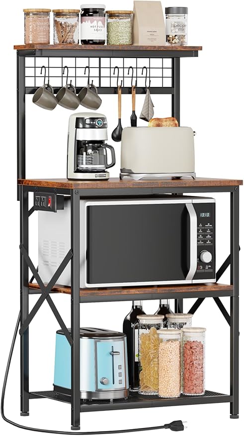 Furologee Kitchen Bakers Rack with Power Outlet, Microwave Oven Stand with Storage 4 Tiers, Coffee Bar Table with 6 S Hooks, Kitchen Storage Shelf Rack for Spices, Pots, Rustic Brown