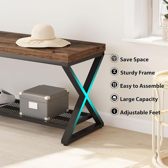 LVB Rustic Brown Entryway Bench, 47” Industrial Shoe Bench with Storage