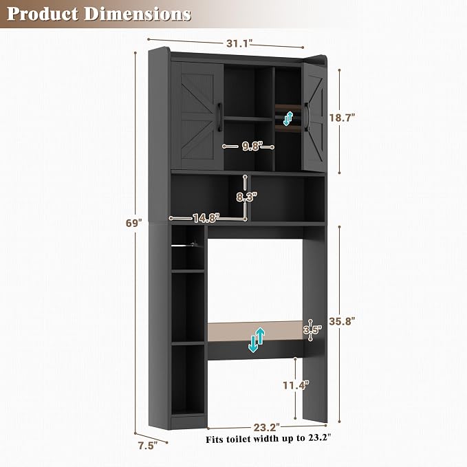 Farmhouse Over The Toilet Storage Cabinet with Barn Door, Reversible Side | 7-Tier Bathroom Organizer, Adjustable Shelves Bottom Bar, Detachable Paper Holder, Anti-Tipping, Laundry Room, Black