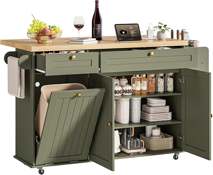 ONBRILL 60" Kitchen Island with Trash Can Storage, Green