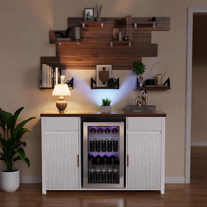 GDLF 53.2" Coffee Bar Cabinet with Fridge Space,Fluted Sideboard,White