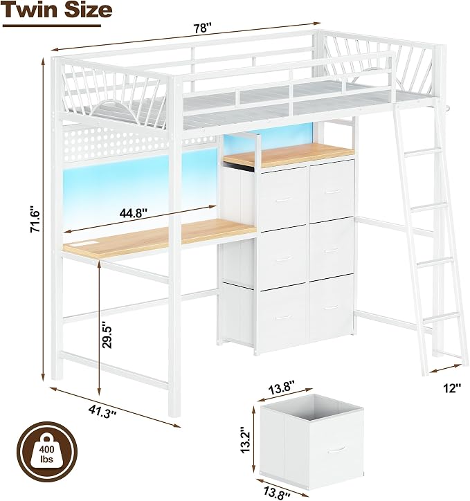 Decofy White Twin Loft Bed with Desk and 6 Storage Drawers, Metal Twin Size Loft Beds with Charging Station, RGB LED Lights, and Pegboard & Hanging Rod for Kids, Teenager (White)